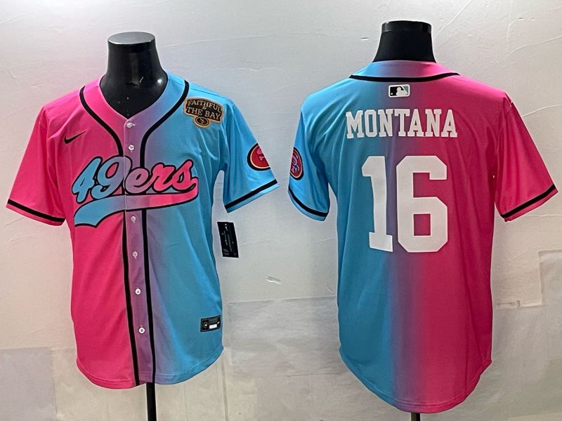 Men 2025 San Francisco 49ers #16 Montana Pink Blue Nike Limited NFL Jersey 06